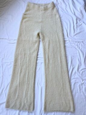 Nasty Gal Cream Fuzzy Knit Pants Wide Leg High Rise Lounge Soft Cozy Sweater S